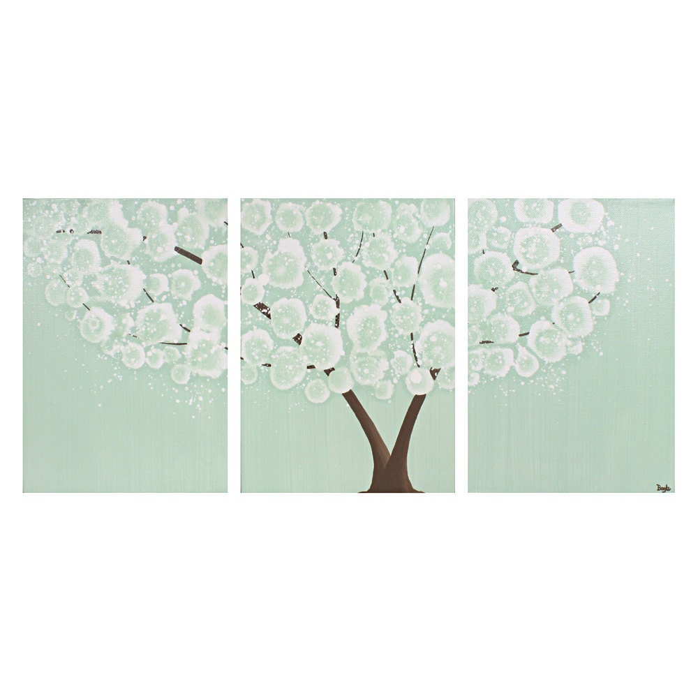 Tree Painting - Large Canvas Art - Mint Green Nursery Wall Art - Three Panel Wall Art 50X20 - IN STOCK