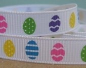 Easter Egg Hunt Print Hot Pink on white Grosgrain Ribbon in 3/8 inches wide Yellow Blue Purple Spring