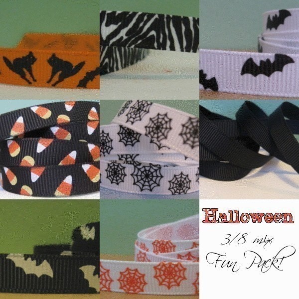 Halloween Mini Sampler Fun Pack Holiday Print Grosgrain Ribbon in 3/8 inches wide Black and Orange Assorted Colors MiNi Cuts Spiders Bats Zebra  for clips cards and more