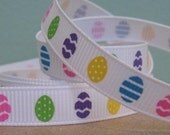 3 yards Easter Egg Hunt Print Hot Pink on white Grosgrain Ribbon in 3/8 inches wide Yellow Blue Purple Spring