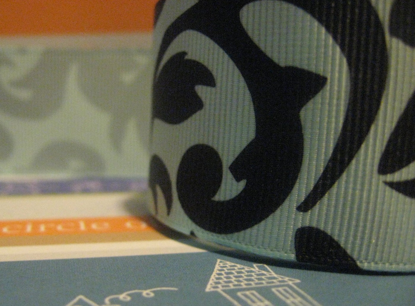 2 yards Damask Flourish Swirls Black and Light Blue  Printed Grosgrain Ribbon in 1.5 inches wide Ice Blue Wide