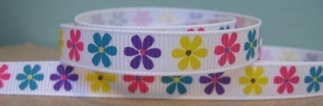 Crazy Daisy Grosgrain Ribbon in 3/8 inches wide in Bright  Pink Purple Green Blue Flowers WHITE