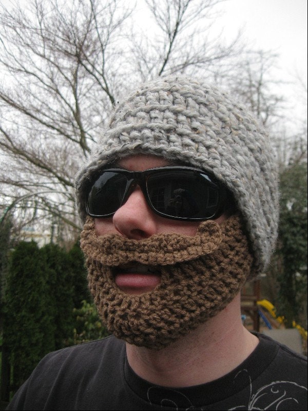 Grey Mustache Bearded Beanie Hat Ships Free