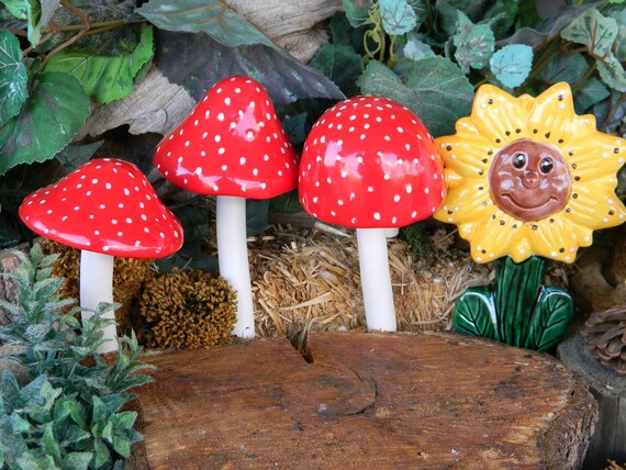 3 MUSHROOM Garden STAKES /Ceramic Shroomz by EnchantdMushroomLand