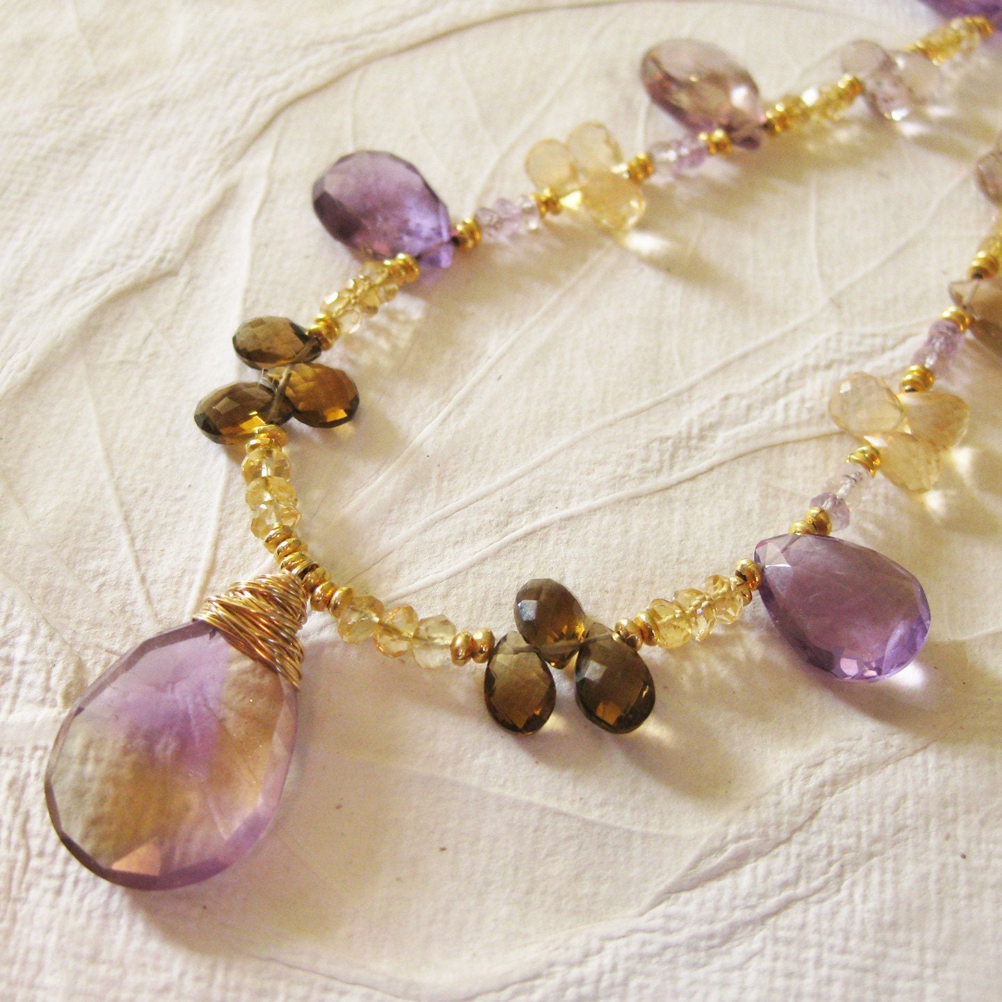 Purple and Yellow Ametrine, Amethyst, Citrine and Warm Brown Whisky Topaz, 24k Gold Brushed Vermeil Teardrop Necklace