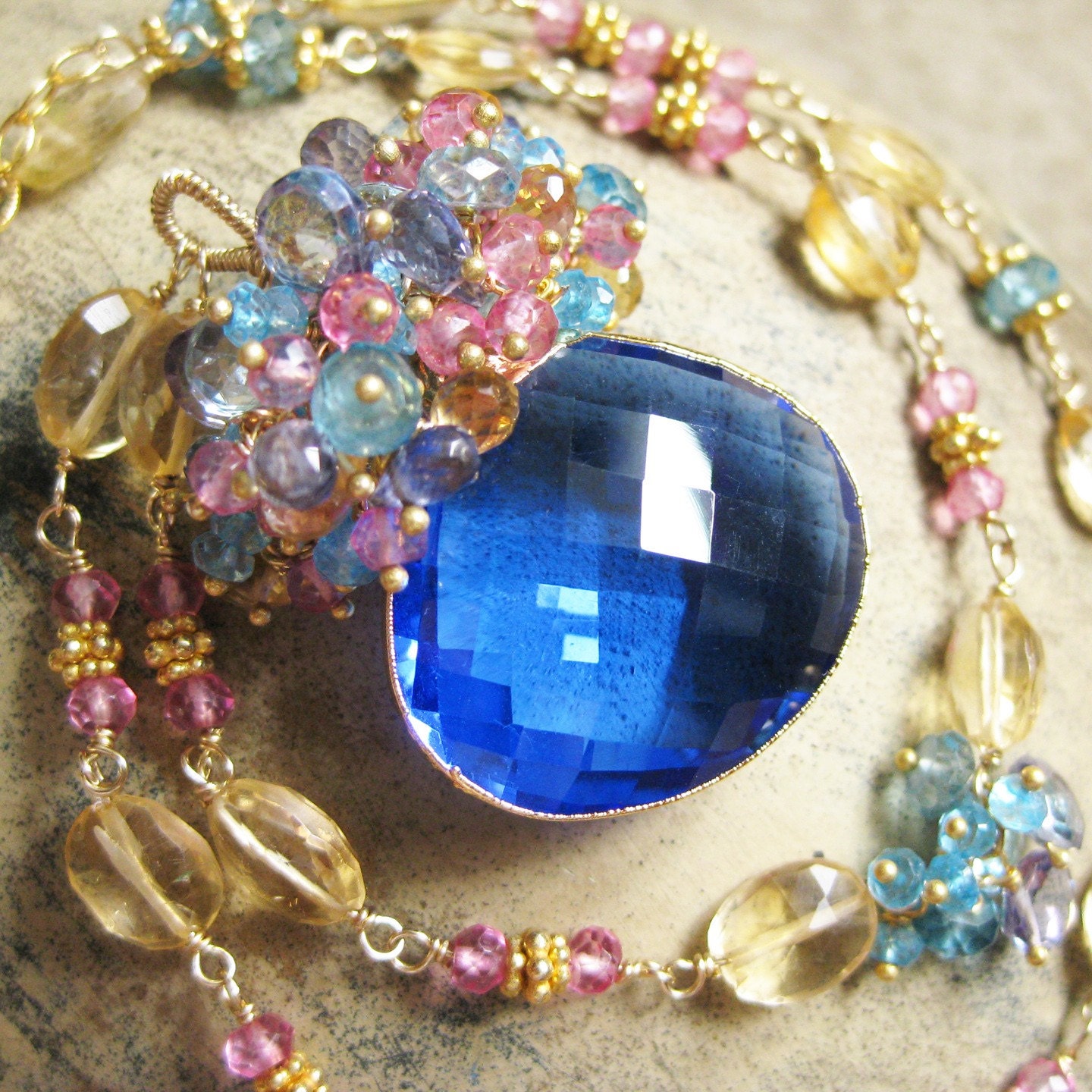Blue quartz gold necklace pink blue topaz, yellow citrine cluster cascade katecojewelry