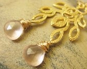Earrings pale pink rose quartz textured gold leaf dangle katecojewelry