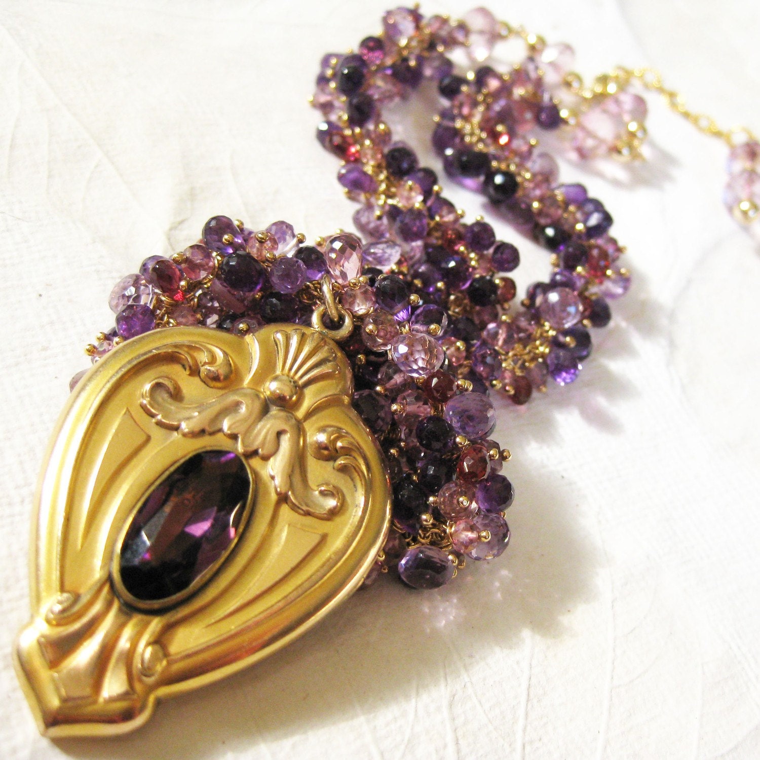Antique victorian locket necklace of purple amethyst, pink topaz, red garnets in gold : katecojewelry