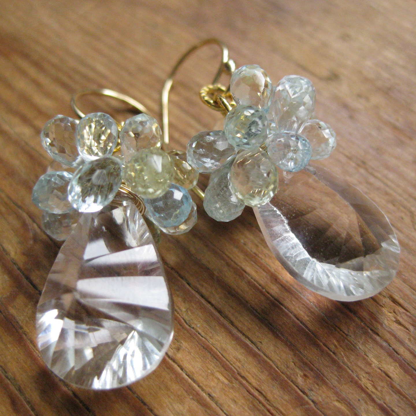 Sparkling crystal quartz earrings, aquamarine, citrine tear drop cluster, gold : katecojewlry