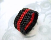 Peyote Ring in Black and Silver Lined Red - Seed Bead Delica Ring Beaded Beadwoven Striped  - size 4, 5, 6, 7, 8, 9, 10, 11, 12, 13
