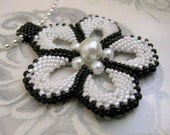 Beadwork Peyote Necklace Pendant Power Flower in Black and White Beaded Romantic Pearl (Made To Order)