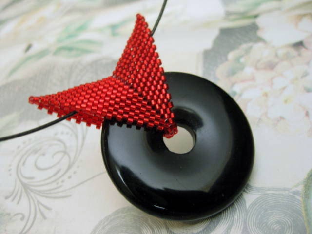 Onyx Donut Pendant - Black Red Hot  Peyote Choker Beaded Necklace