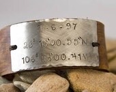 Leather cuff, bracelet  longitude-latitude,where we met,