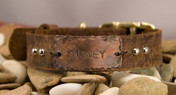 Leather Dog Collar, name, tag, distressed 1-1/2 inch thick,large dogs Leather Dog Collar, name, tag, distressed 1-1/2 inch thick,large dogs