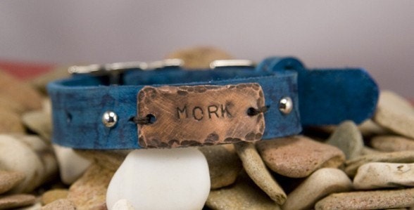 Leather dog collar, name, tag, distressed 3/4 in