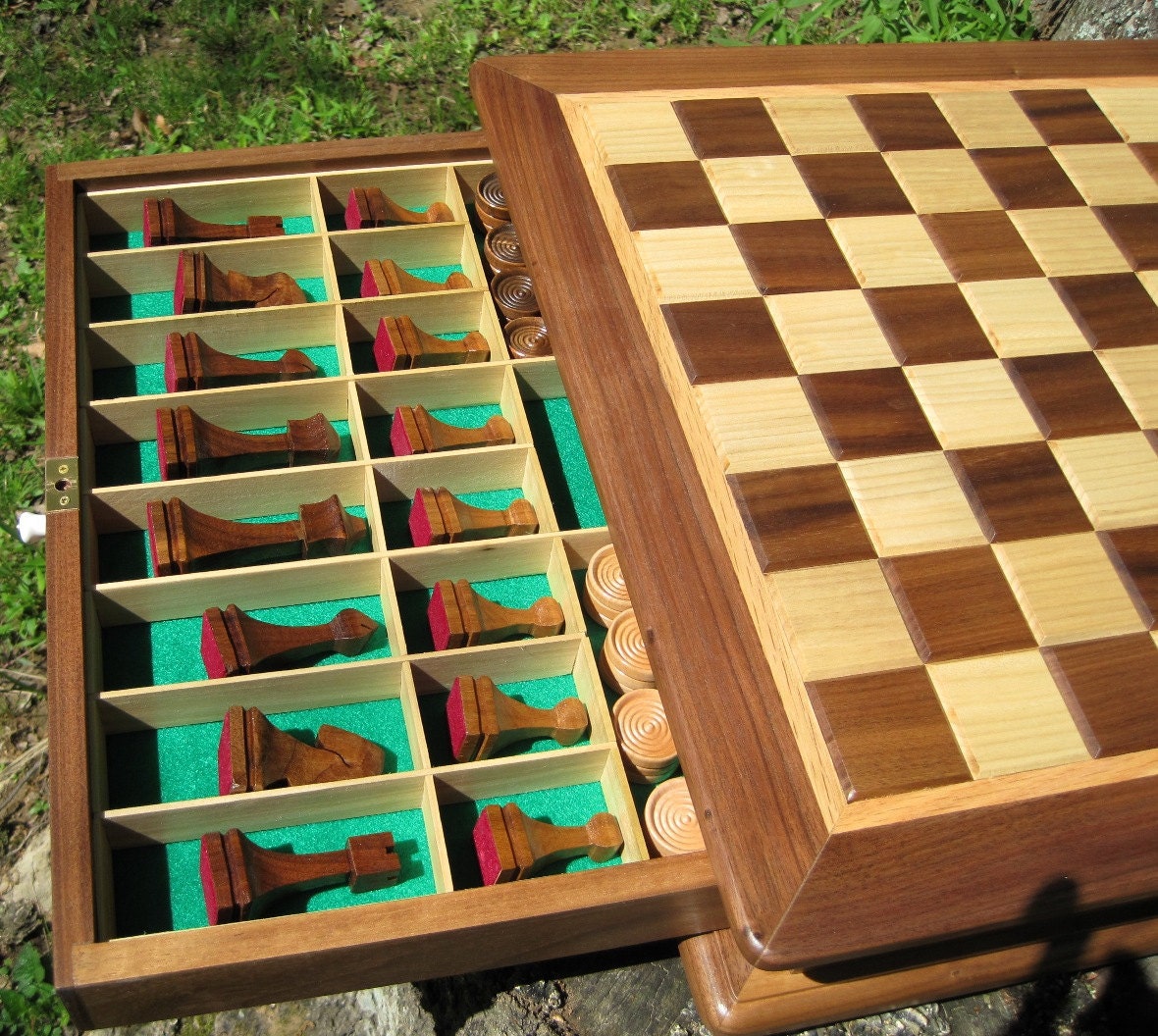 Designer Chess and Checker Board Box with Playing Pieces