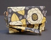 Wristlet / iPhone Case / Small Purse / Change Purse / Business Card Case / Card Holder - POKE WRISTLET - Vintage Flower Gray