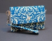 Wristlet / iPhone Case / Small Purse / Change Purse / Business Card Case / Card Holder - POKE WRISTLET - Damask Ocean Blue