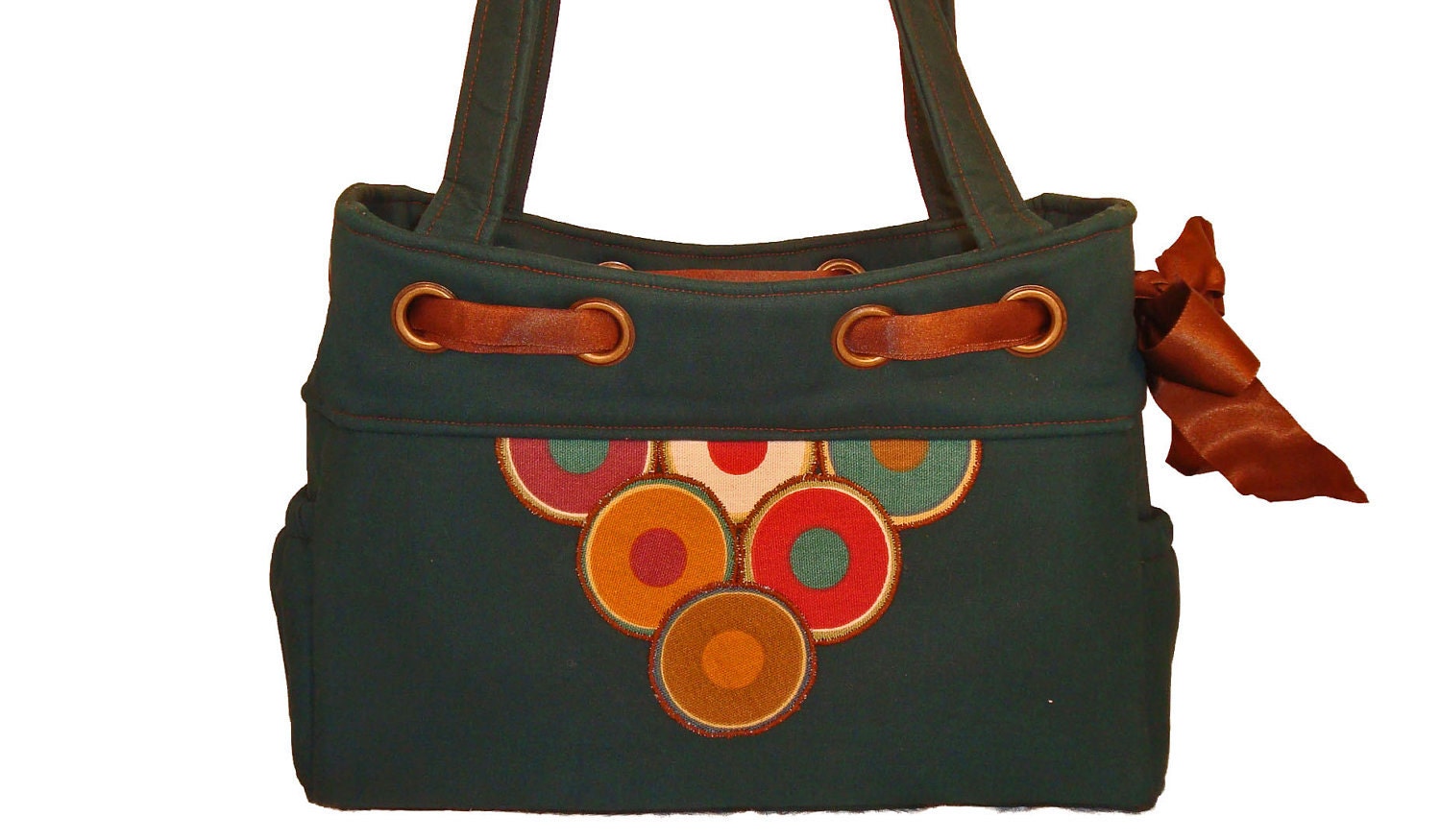 Large Shoulder Bag - Handmade Handbag in deep teal blue with applique embellishment