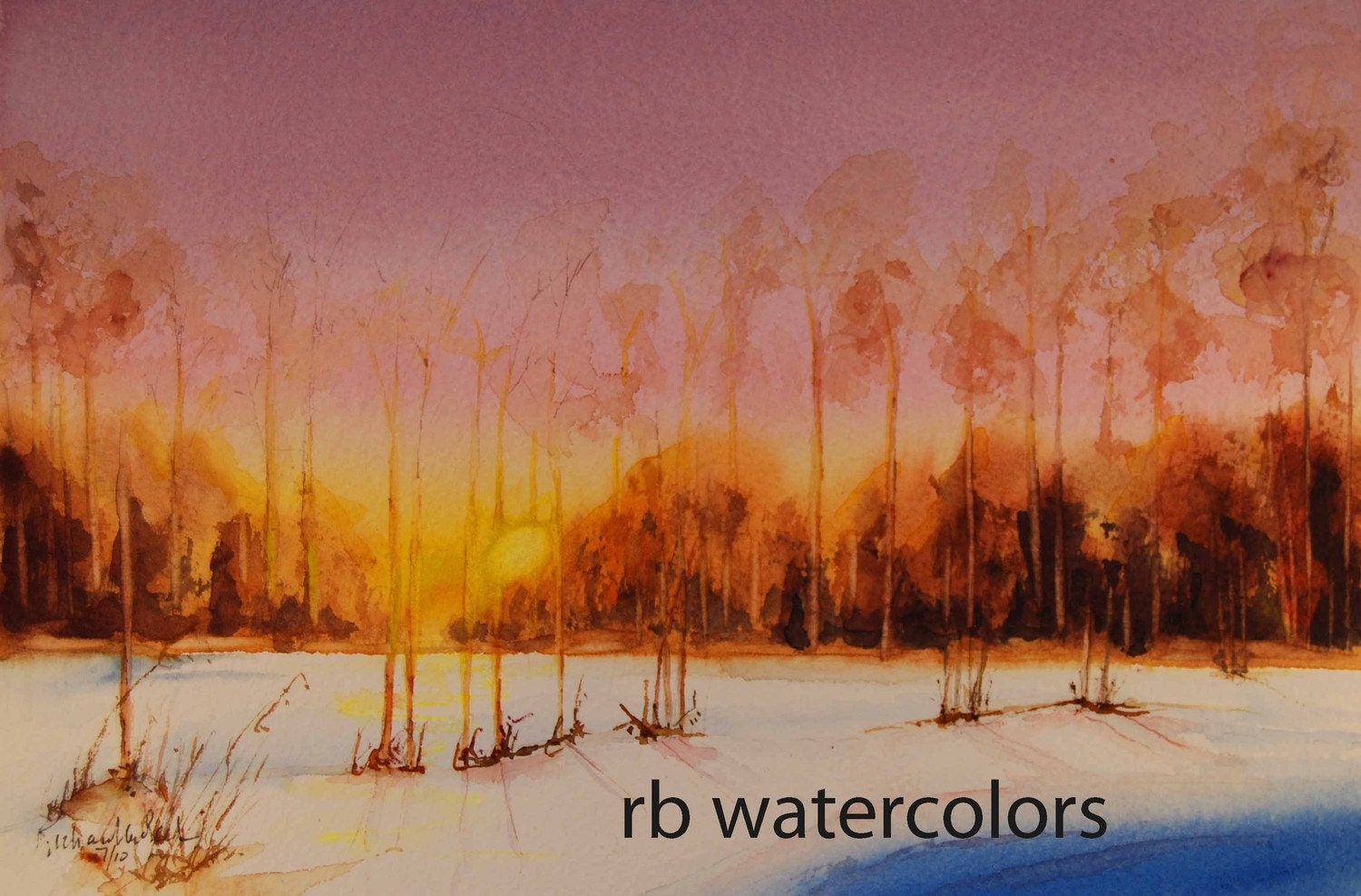 Winter Sunset watercolor watercolour original painting art blue white orange brown rustic rural purple violet