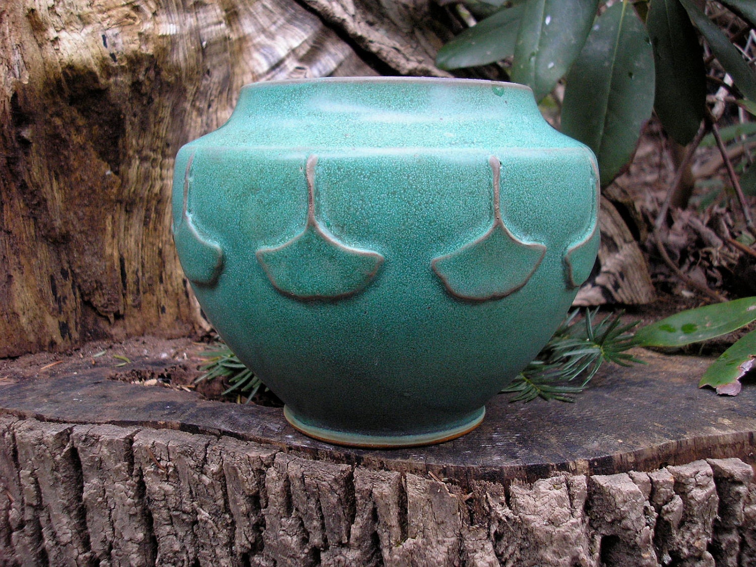 Ginkgo Leaf Arts and Crafts vase in verdigris green glaze , handcrafted pottery, mission style