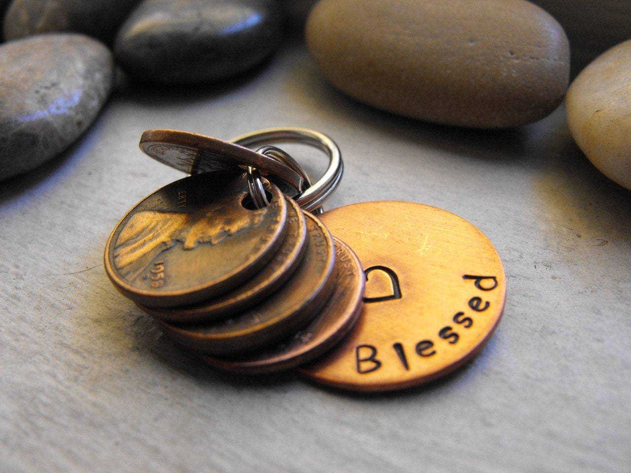 Lucky Us Copper Keychain with five  lucky pennies