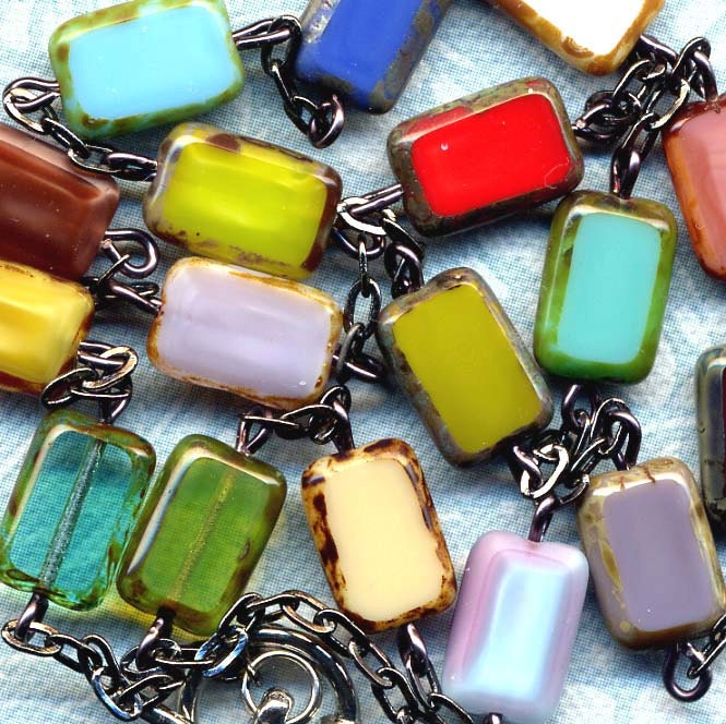 Multi Color Unique Czech Beads Necklace in Gun Metal Chain Version, handmade jewelry by AnnaArt72