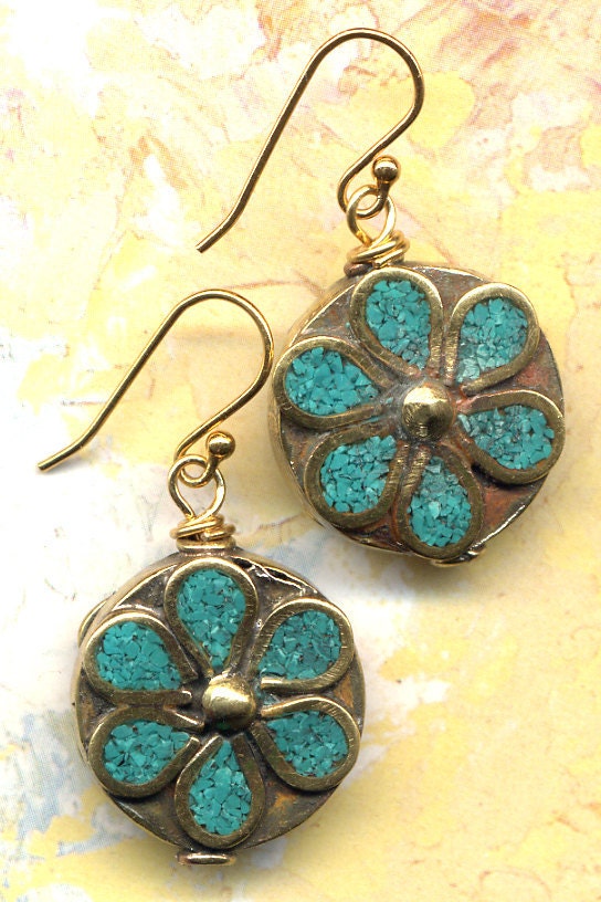 Nepal Earrings,Turquoise Mandala Earrings, Tibet Turquoise Earrings, Floral Design Earrings,18K Gold Filled Wire, Nepal Jewelry by AnnaArt72
