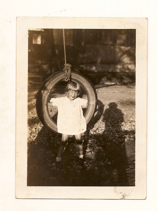 vintage photo Pretty Little Girl on Tire Swing Shadow Photographer 1929