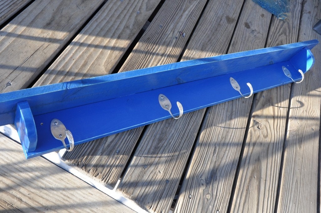 Spoons Hooks Coat Rack with Shelf in Distressed Cobalt Blue