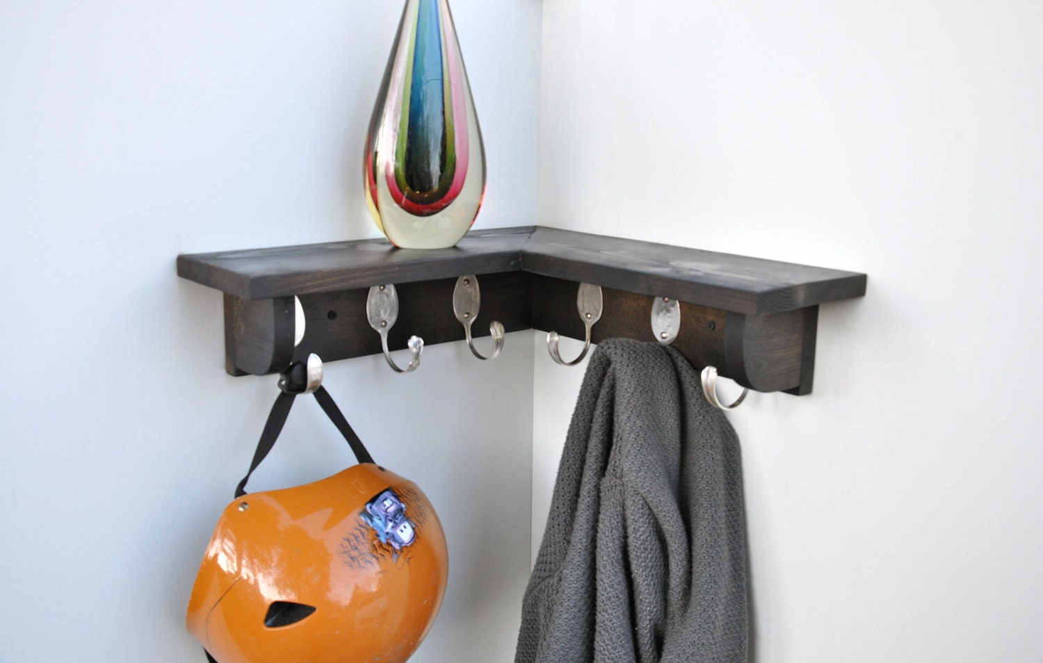 4 Spoon Hooks Coat Rack with Corner Shelf in Gloss White