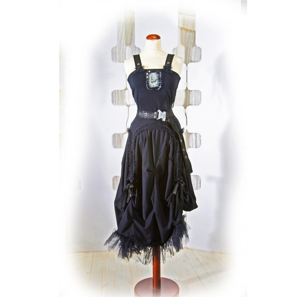 SALE Black Dress from jersey knit - ruffled and romantic - steampunk gothic chic