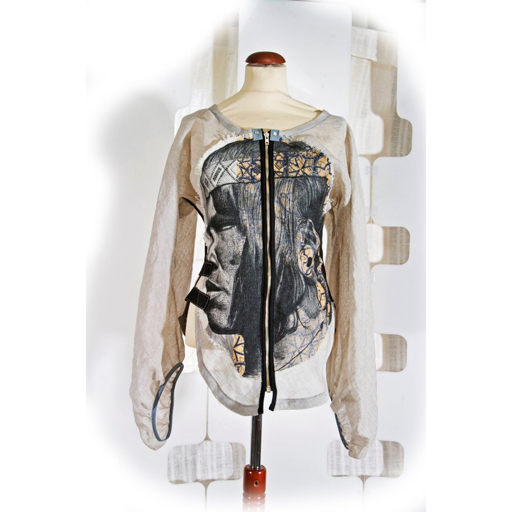 SALE Linen Top Summer PELLAVA soturi - Haute couture wearable Art - soft gray - zip up shirt  - EXOTIC - made to order medieval maiden