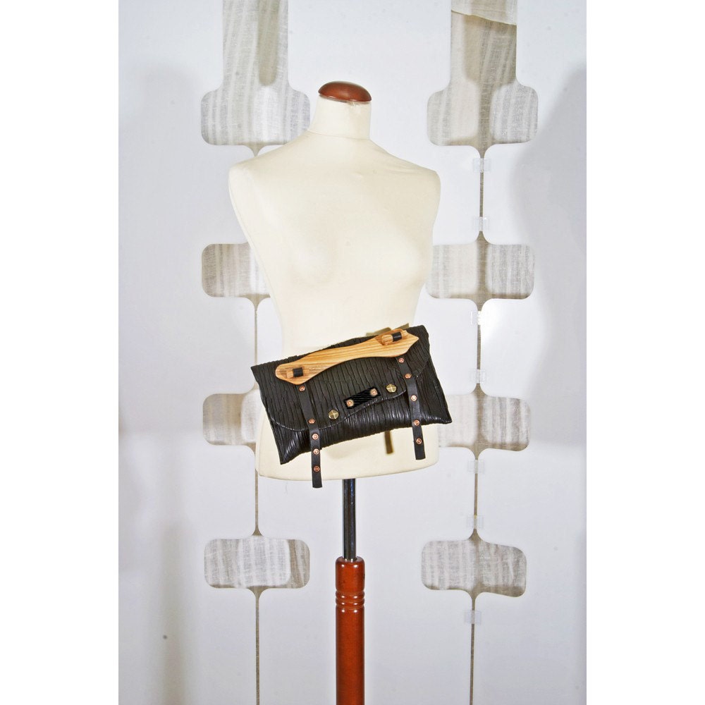 SALE Pleated Black Leather Clutch - avant garde - haute couture Fashion Accessory -