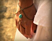 Slave Bracelet Hand Bracelet  Piece Hipster Bronze Chain Bohemian One Turquoise Bead Drape Hand Jewelry Piece