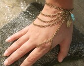 Slave Bracelet Hand Bracelet Piece Hipster Bronze Chain Boho Bohemian Feather Leaf Charm Turquoise Bead  Finger Hand Jewelry
