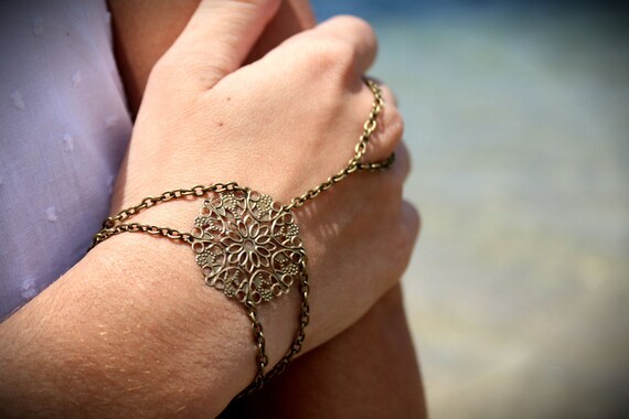 Slave Bracelet Hand Bracelet Piece Hipster Bronze Chain Bohemian Circle Floral Eclectic Hippie Hand Jewelry