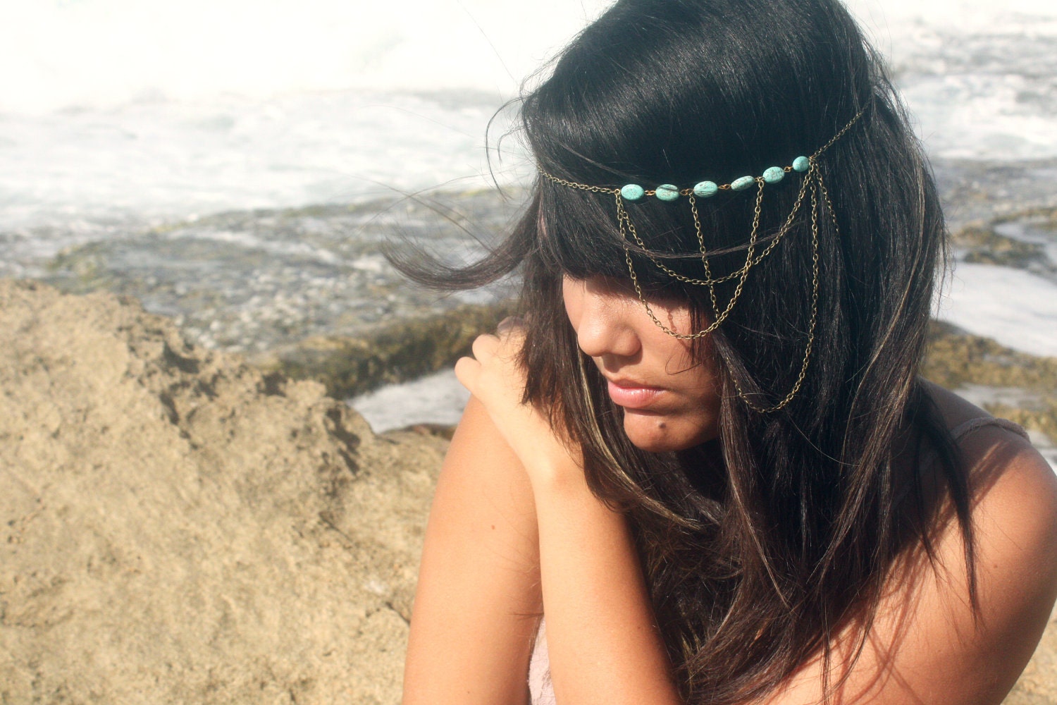 Chain Headpiece Headband Bohemian Hipster Boho Hippie Bronze Turquoise Three Draped Bridal Statement Jewelry