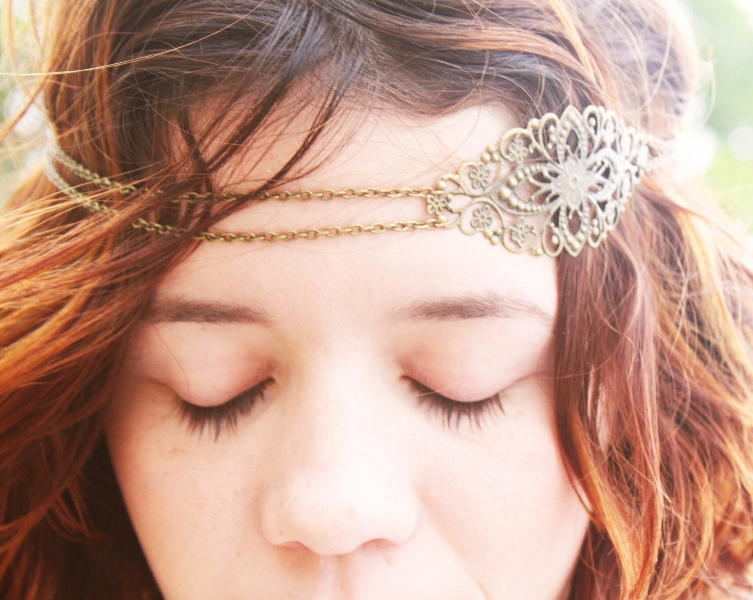 Chain Headpiece Headband Hair Piece Bohemian Hipster Boho Hippie Bronze Floral Long Centerpiece Bridal Statement Jewelry