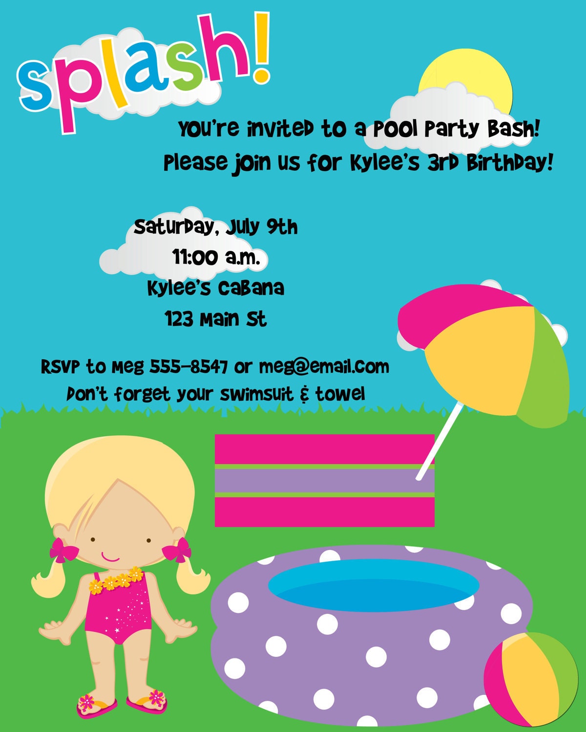 Girl Pool Party Birthday Invitations