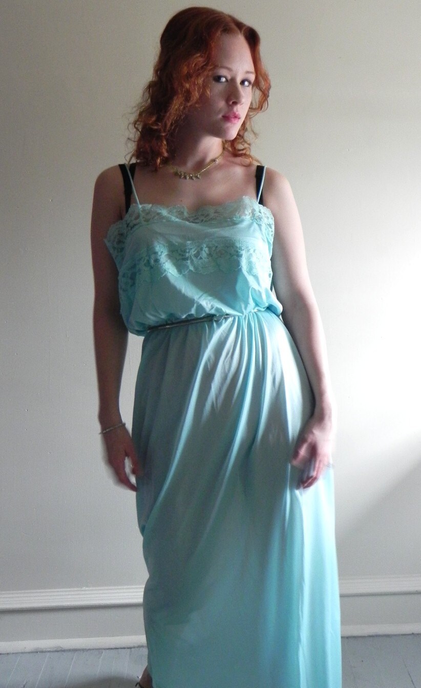 Vtg 70s 80s mint green Prairie Nightgown Dress