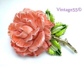 Vintage Brooch Stemmed Coral Rose Pell