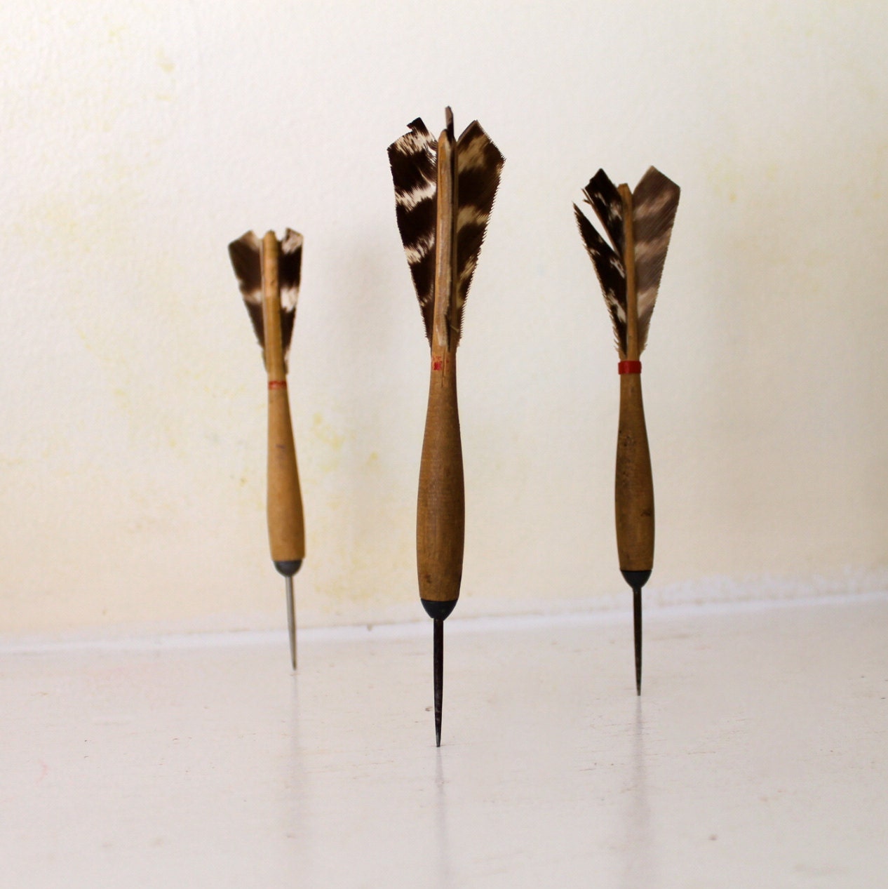 Vintage Wooden darts natural feathers set of 3 by opendoorstudio
