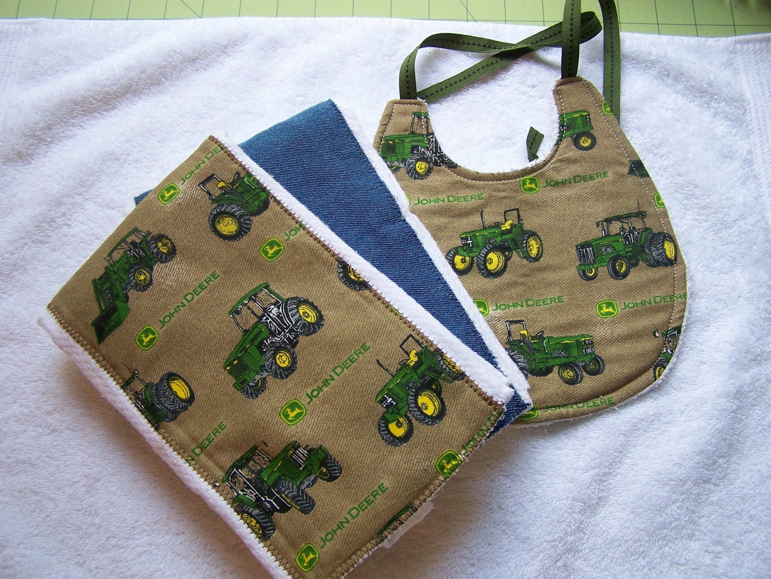 Baby Burp Cloth and Bib set.John Deere tractor.Great for your little ones, Boutique baby 3 piece baby shower gift.