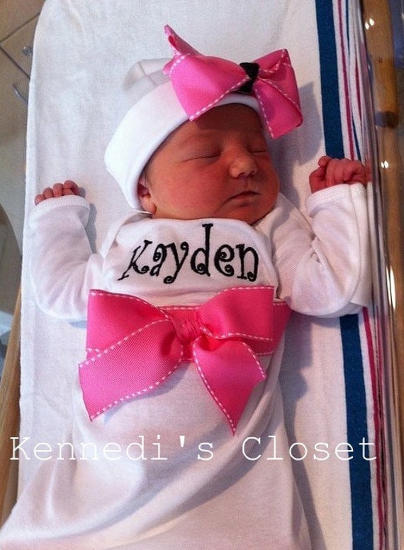 Custom monogrammed baby layette gown with grosgrain ribbon bow with matching infant hat and interchangeable bow