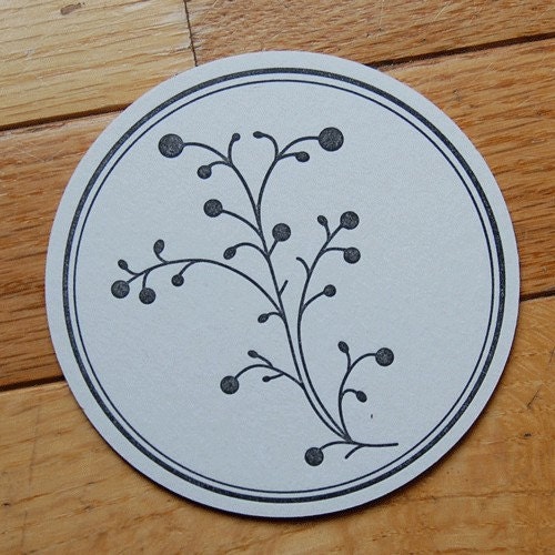 Berry Coaster in black- Letterpress, SET of 8