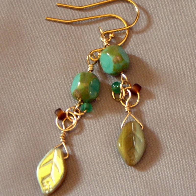 Long Bohemian Beaded Earrings, Turqoise Fashion Beads, Iridescent Leaf Dangles, Earth Tones, 14K Gold Filled