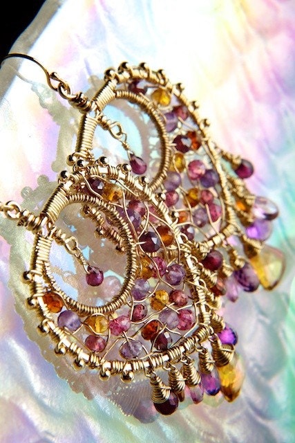 Colorful Gold Mosaic Chandelier Earrings w/ Sapphire, Topaz, Amethyst, Citrine, Garnet & Pink Quartz: Bollywood - Made to Order