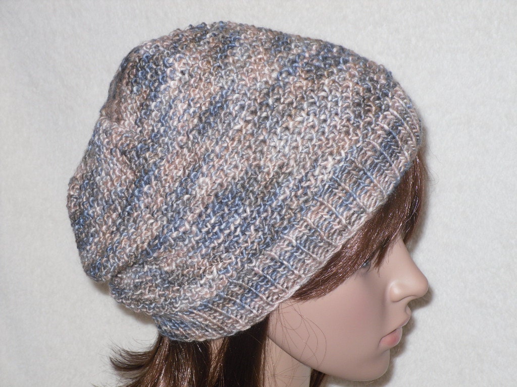 Hand Knitted Cap/Hat in Soft Hues of Blues Taupes and Dusky Roses