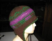 Brown Plum Green Snowboarder Hat with Earflaps and Braided Tassles
